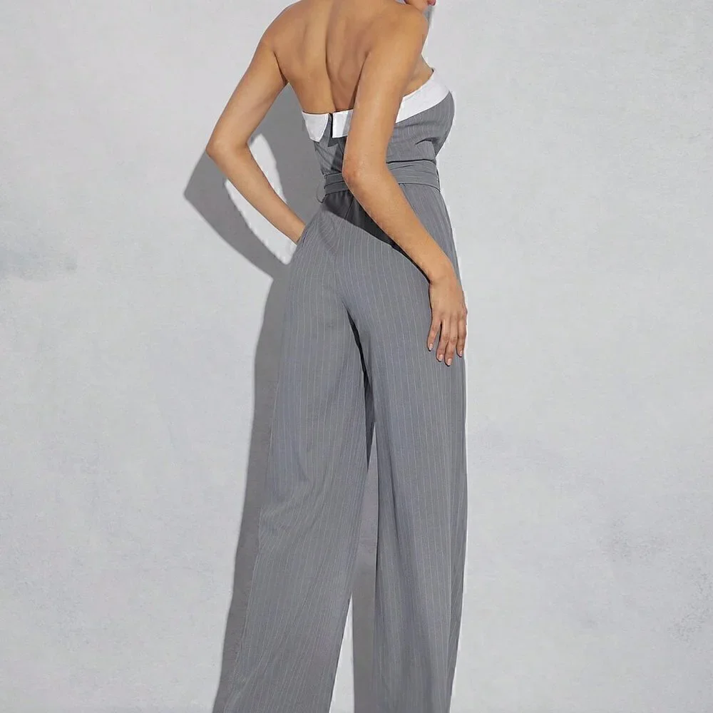 Grey Preppy Womens Pinstriped Tube Belted Jumpsuit